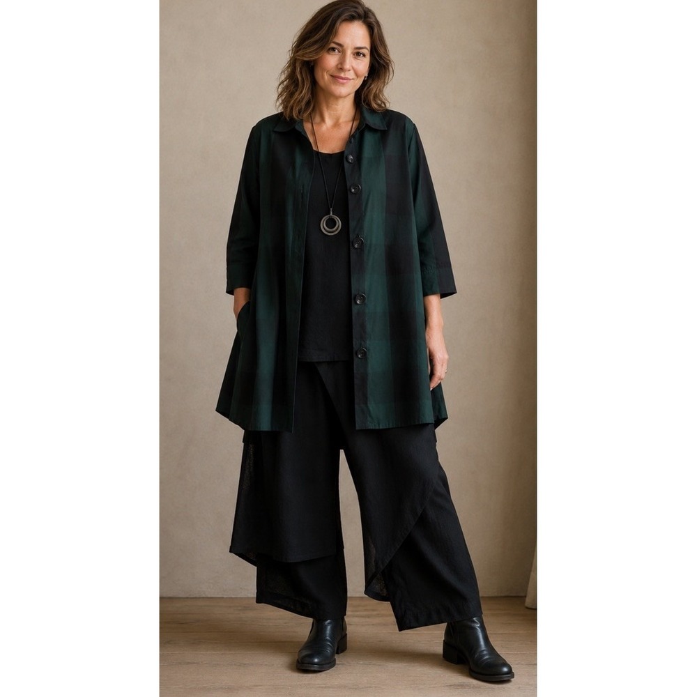 IC by Connie K Womens Medium Green Black Plaid Tunic Buttons Shirt Top NEW $119